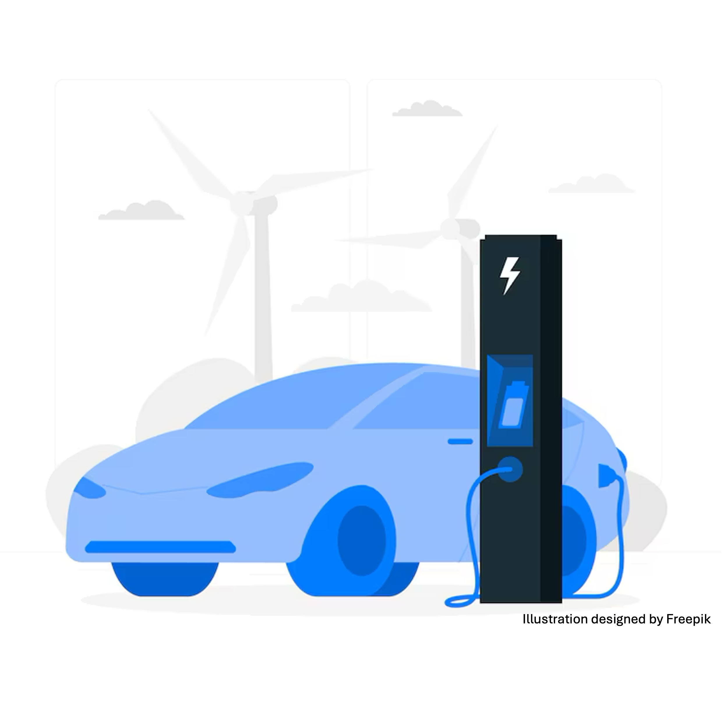 Illustration by Freepik, showing an electric car during charging. In the background are wind-power-plants.